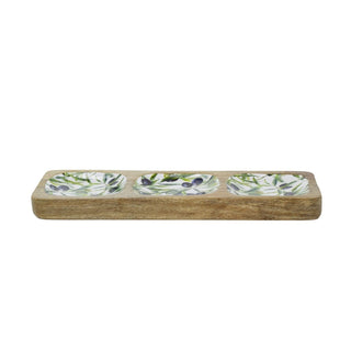 Olive Enamelled Sectional Tray, Mango Wood Serving Platter with 3 Compartments
