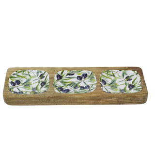Olive Enamelled Sectional Tray, Mango Wood Serving Platter with 3 Compartments