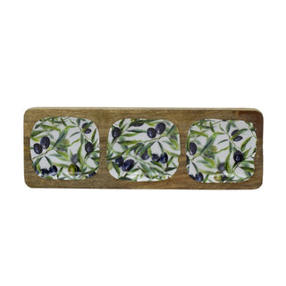 Olive Enamelled Sectional Tray, Mango Wood Serving Platter with 3 Compartments
