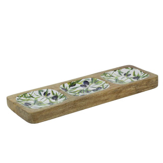 Olive Enamelled Sectional Tray, Mango Wood Serving Platter with 3 Compartments