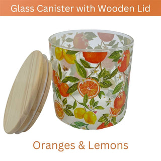 Oranges & Lemons Glass Canister, 850ml Airtight Wooden Lid Storage Jar