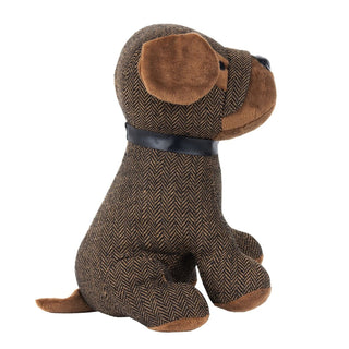 Oscar Dog Doorstop | Brown Herringbone Fabric Dog Shaped Door Stop - 27cm