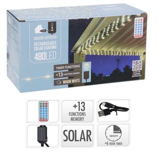 Outdoor 480 Warm White LED Solar String Lights | Remote Controlled Lights