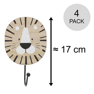 Pack of 4 Children's Wooden Animal Wall Hooks | Safari - Themed Coat Hooks & Pegs