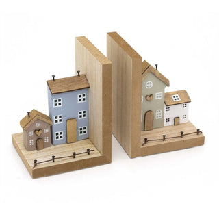 Pair of Shabby Chic Wooden Houses Bookends for Shelves | Set Of 2 Shelf Book End