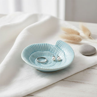 Pale Blue Ammonite Trinket Dish, 12cm Ceramic Bowl, Nautical Jewellery Tray