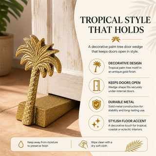Palm Tree Door Wedge, 11cm Freestanding Gold Metal Tropical Doorstop
