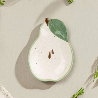 Pear Shaped Dish | Green Ceramic Pear Snack Bowl with Leaf Detail - 16cm