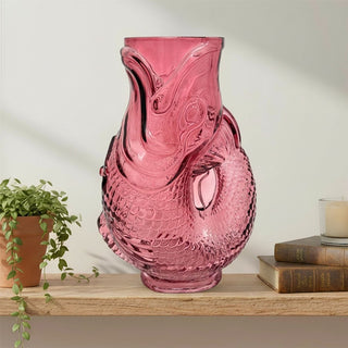 Pink Glass Fish Jug, 20cm Coloured Glass Pitcher Vase Nautical Fish Ornament