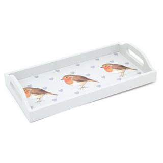 Pretty Robin Redbreast Wooden Serving Tray Display Tray| Grey Wooden Tray With Handles Drinks Tray | Kitchen Tea Coffee Tray Snack Trays
