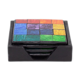 Rainbow Mosaic Set Of 4 Coasters And Holder | Square Coasters With Holder Cup Mug Table Mats | Handmade 4 Piece Drinks Coaster Set