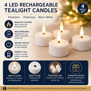 Rechargeable LED Tealights, 4 LED Rechargeable Tealight Candles Flickering Set