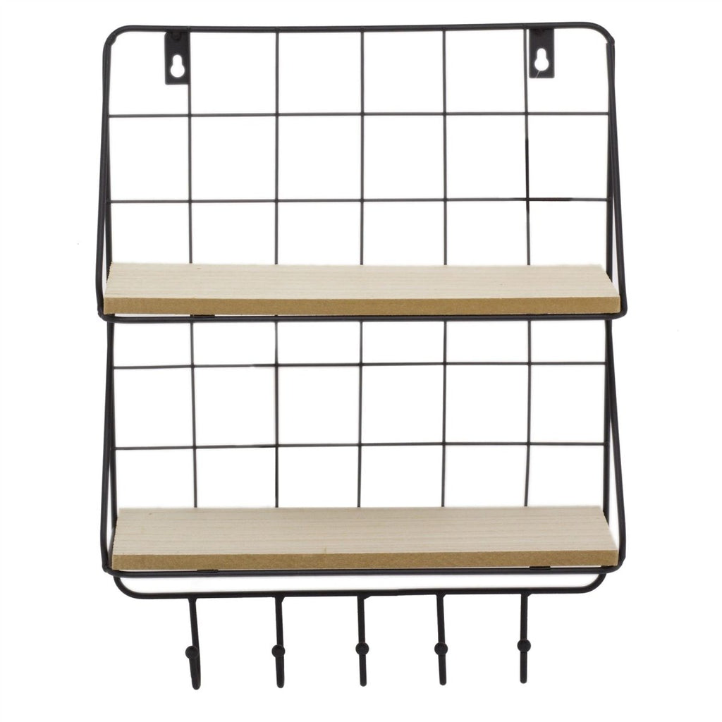 Dual Rack Shelves Rectangle Wall Double Shelf Unit With Hooks | 2 Tier Wooden Black Meta ...