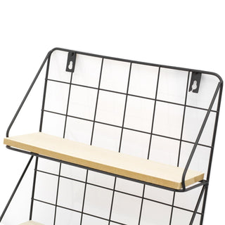 Rectangle Wall Double Shelf Unit With Hooks | 2 Tier Wooden Black Metal Floating Shelves | Kitchen Spice Rack