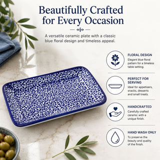 Rectangular Plate, 19cm Blue and White Floral Ceramic Serving Plate