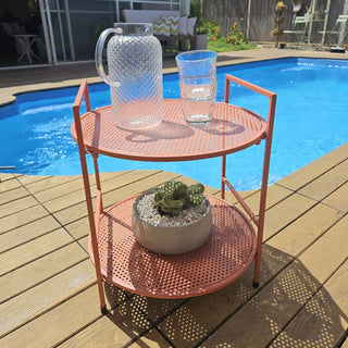 Red 2 - Tier Round Metal Side Table | Small Steel Garden Stand For Patio 45x50cm