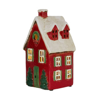 Red Ceramic Christmas House Tealight Holder | Candle Holder Cottage Ornament