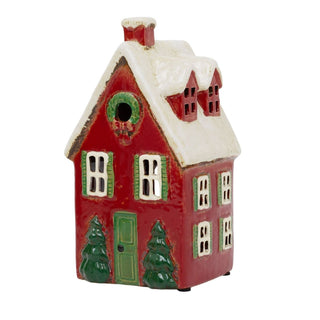 Red Ceramic Christmas House Tealight Holder | Candle Holder Cottage Ornament