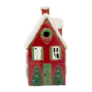 Red Ceramic Christmas House Tealight Holder | Candle Holder Cottage Ornament