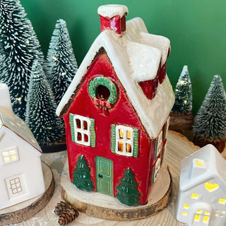 Red Ceramic Christmas House Tealight Holder | Candle Holder Cottage Ornament