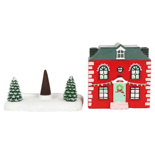 Red Christmas House Incense Burner Festive Cottage Ornament with Cinnamon Cones