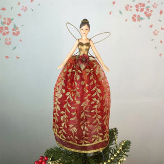 Red Fairy Christmas Tree Topper | Gold Leaf Fairy Angel Tree Ornament - 28cm