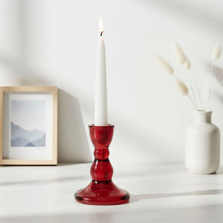 Red Glass Candlestick Holder, 9cm Dinner Candle Holder Glass Candle Stand