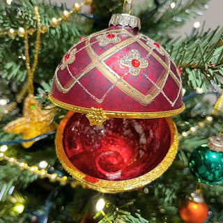Red & Gold Floral Trellis Glass Locket Bauble | Christmas Tree Ornament - 8cm