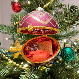 Red & Gold Floral Trellis Glass Locket Bauble | Christmas Tree Ornament - 8cm