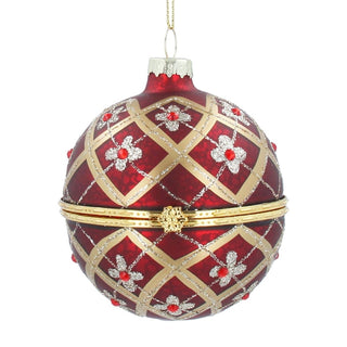 Red & Gold Floral Trellis Glass Locket Bauble | Christmas Tree Ornament - 8cm