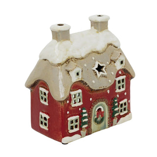 Red Stoneware Christmas House Tealight Holder | Christmas Candle Holder House