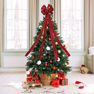 Red Velveteen Tree Top Bow with Long Streamer | Fabric Christmas Tree Topper