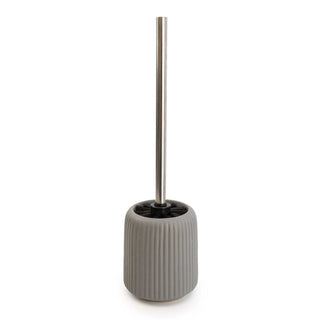 Ribbed Toilet Brush and Holder Set, 36cm Matt Grey Ceramic Loo Brush Holder