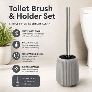 Ribbed Toilet Brush and Holder Set, 36cm Matt Grey Ceramic Loo Brush Holder