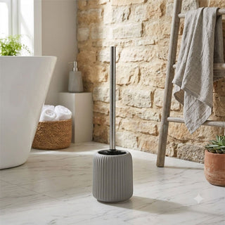 Ribbed Toilet Brush and Holder Set, 36cm Matt Grey Ceramic Loo Brush Holder