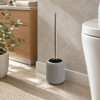 Ribbed Toilet Brush and Holder Set, 36cm Matt Grey Ceramic Loo Brush Holder