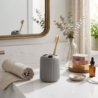 Ribbed Toothbrush Holder, 10.5cm Matt Grey Ceramic Bathroom Tumbler