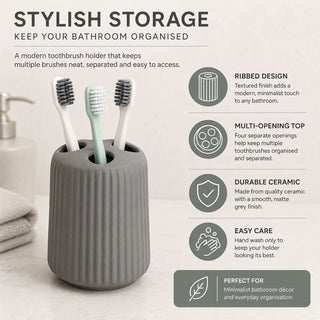 Ribbed Toothbrush Holder, 10.5cm Matt Grey Ceramic Bathroom Tumbler