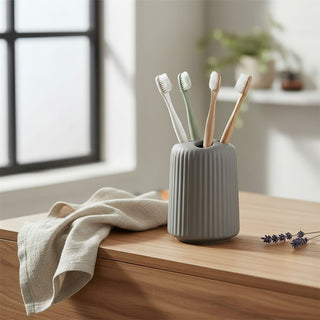 Ribbed Toothbrush Holder, 10.5cm Matt Grey Ceramic Bathroom Tumbler