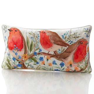 Robin Forget Me Not Cushion | Soft Velour Scatter Pillow with Watercolour Bird
