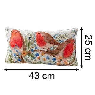 Robin Forget Me Not Cushion | Soft Velour Scatter Pillow with Watercolour Bird