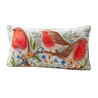 Robin Forget Me Not Cushion | Soft Velour Scatter Pillow with Watercolour Bird