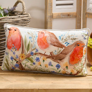Robin Forget Me Not Cushion | Soft Velour Scatter Pillow with Watercolour Bird