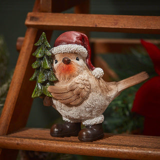 Robin Holding Tree Christmas Ornament | Festive Robin in Santa Hat Figurine 13cm