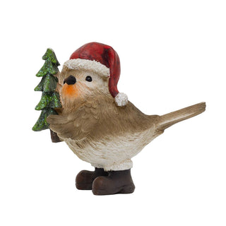 Robin Holding Tree Christmas Ornament | Festive Robin in Santa Hat Figurine 13cm