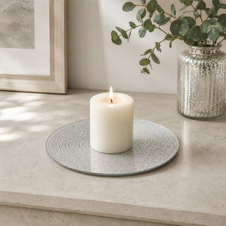 Round Silver Glitter Candle Plate, 15 cm Mirrored Glass Candle Stand