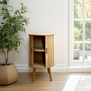 Round Sliding Door Storage Side Table | Scandi Style Wooden Bedside Cabinet