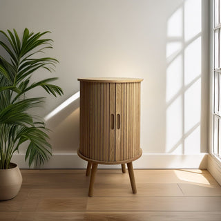 Round Sliding Door Storage Side Table | Scandi Style Wooden Bedside Cabinet
