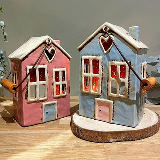 Rustic Ceramic House Tealight Holder | Distressed Lantern Candle Holder