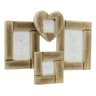 Rustic Driftwood Style Multi Photo Frame | Holds 4 Photos with Heart - 49x36cm